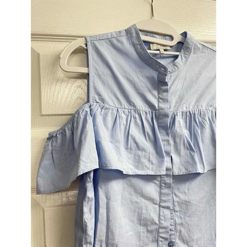 Lucky Brand Womens Blue Cotton Cold Shoulder Blouse M - Picture 2 of 4